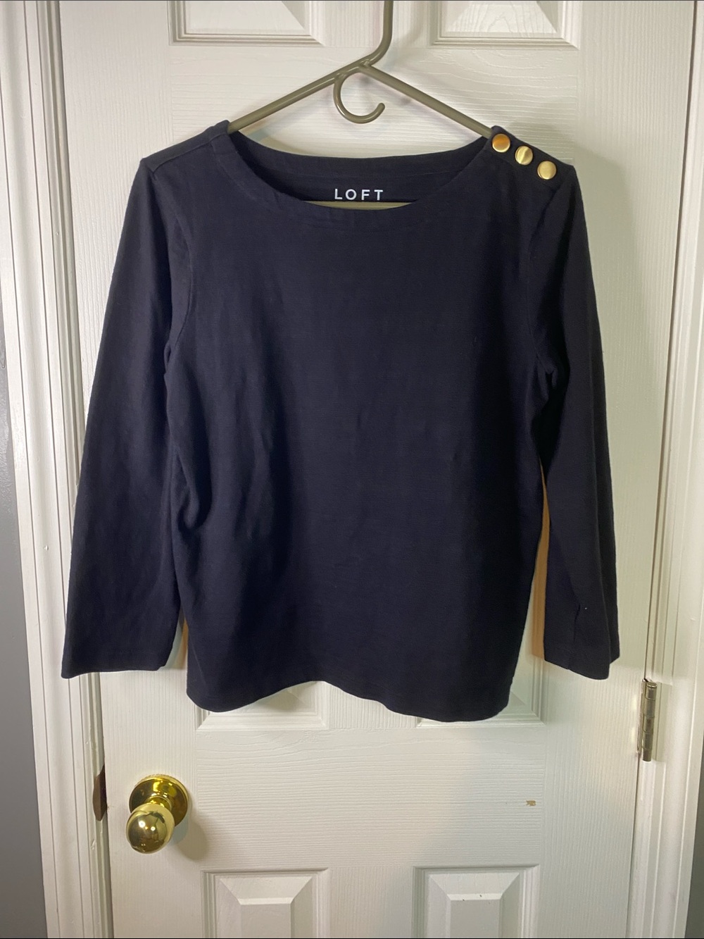 LOFT Black Long-Sleeve Top with Gold Shoulder Buttons Size Small Petite.